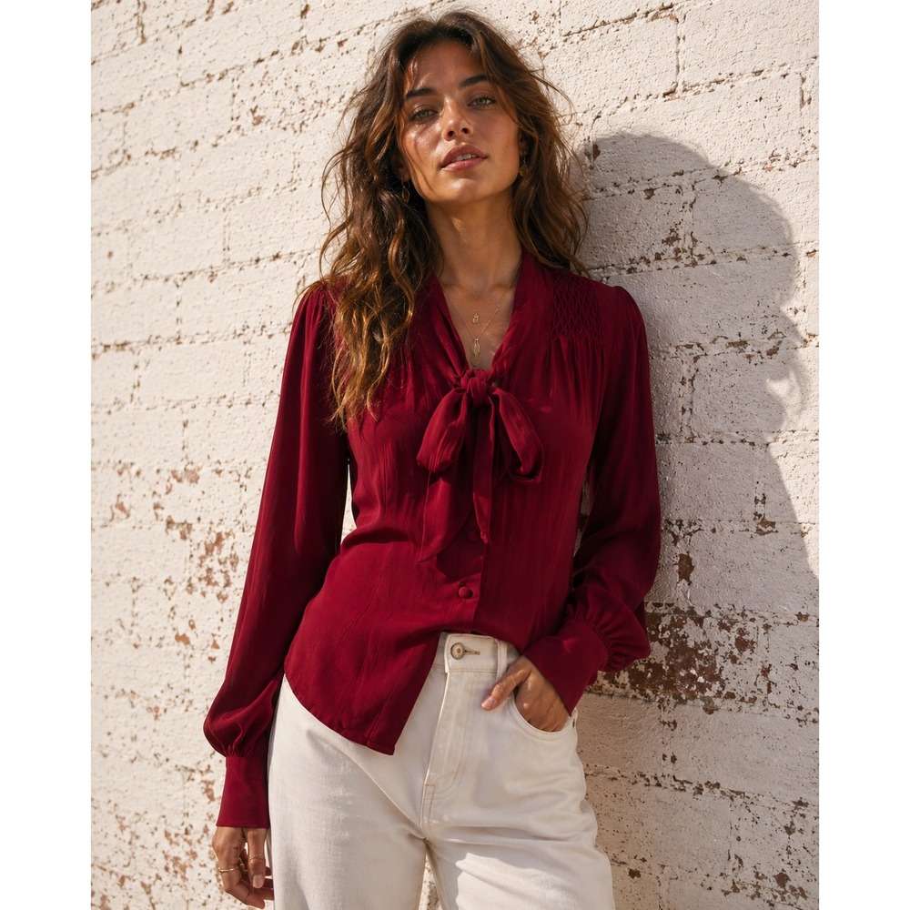 The Seamstress London Red Tie Neck Blouse Secretary Romantic Size 12